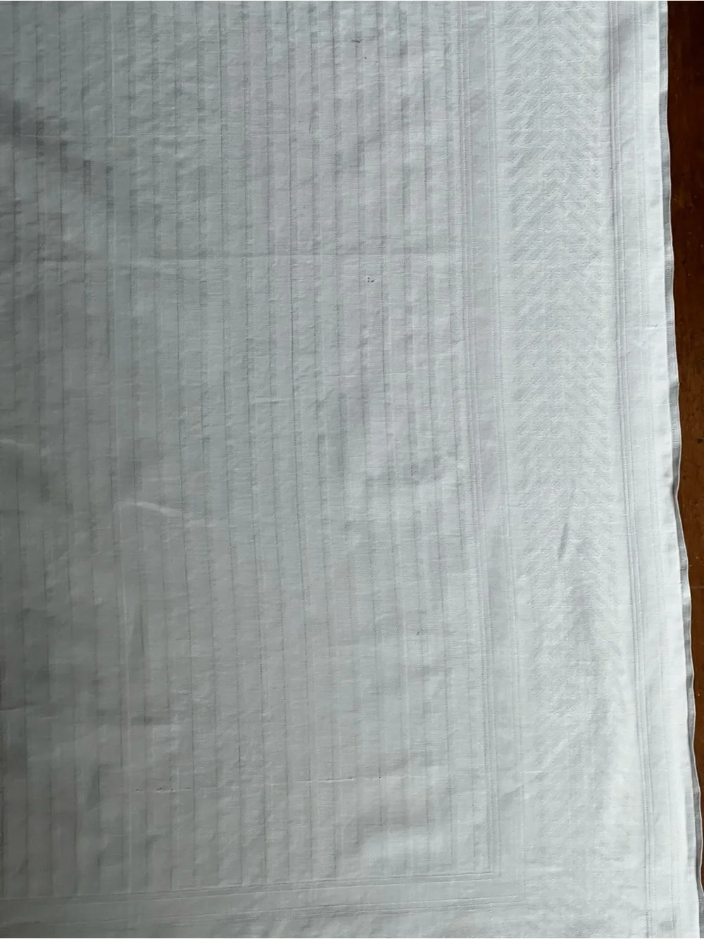 Vintage linen White work striped Tablecloth with decorative border 43 in square.